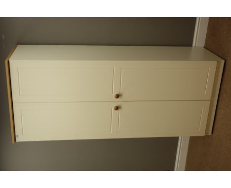 Cream and oak finish two door wardrobe with shelf and hanging space to interior, W74cm, H184cm, D53cm   Condition Report   Cl