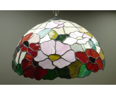Large Tiffany style pendant centre light fitting, having floral leaded glass decoration, H34cm x W50cm   Condition Report   C