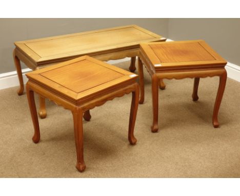 Chinese hardwood coffee table (102cm x 47cm, H41cm), and two matching lamp tables   Condition Report   Click here for further