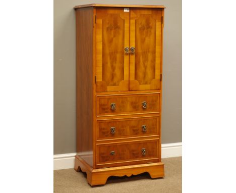 Reproduction yew wood cabinet, cupboard with shelf above drawer and fall front record storage cabinet, W58cm, H128cm, D45cm  