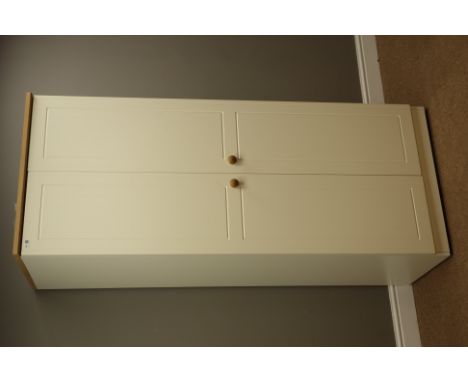 Cream and oak finish two door wardrobe with shelf and hanging space to interior, W74cm, H184cm, D53cm   Condition Report   Cl