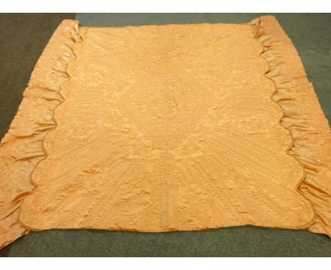 Vintage peach satin quilted double bed spread, with gathered valance, L220cm x W192cm    Condition Report   Click here for fu