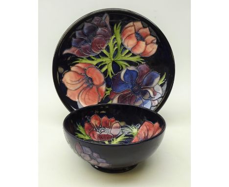 Moorcroft Anemone pattern bowl, D16.5cm and plate, D26cm, both c1992, impressed marks to base (2)   Condition Report  Bowl - 