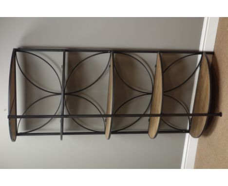 Wrought metal and rustic pine demi-lune five tier shelf unit W80cm, H169cm, D51cm   Condition Report   Click here for further