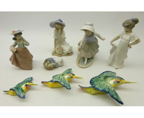 Set of three Beswick graduating wall hanging Kingfishers, Nao figure 'Girl With Hoop', boxed, three other Nao figurines and L