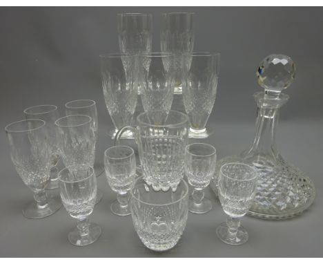 Waterford crystal ships decanter, five 'Colleen' pattern iced tea drinking glasses, four champagne, four liquor and one tumbl