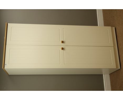 Cream and oak finish two door wardrobe with shelf and hanging space to interior, W74cm, H184cm, D53cm   Condition Report   Cl