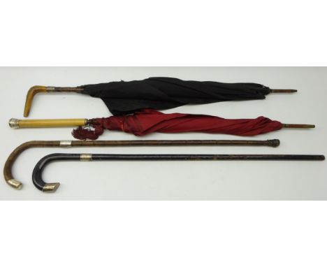 Victorian ebonised walking stick with silver collar and top, another with silver collar, 19th/ early 20th century parasol wit