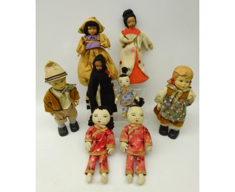 Two Hummel style dolls, Japanese style felt geisha doll and other dolls in one box   Condition Report   Click here for furthe