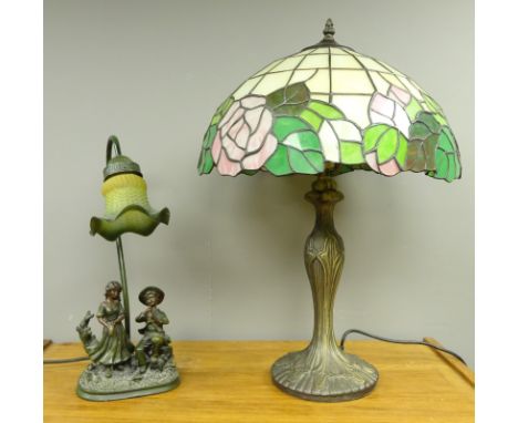 Tiffany style table lamp with leaded glass shade, H60cm and a bronzed effect figural table lamp with glass shade, H42cm (2)  