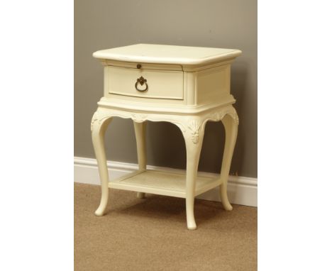 Willis & Gambier cream finish French style bedside lamp table, with single drawer and cane undertier, W50cm, H67cm, D44cm   C