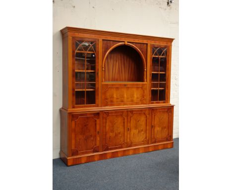 Reproduction yew wood cocktail display cabinet on cupboard, arched aperture with shelf, display cabinets either side, fall fr