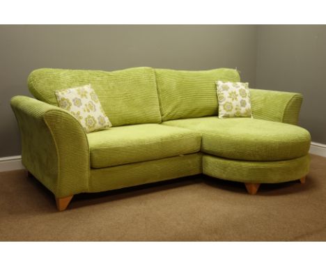 Corner sofa upholstered in lime green jumbo cord fabric   Condition Report   Click here for further images, condition, auctio