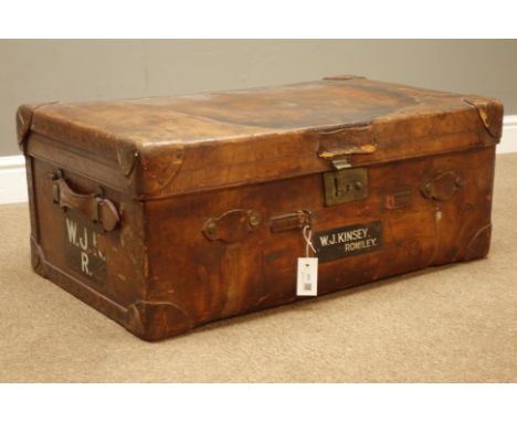 Early 20th century 'Finnigans, New Bond Street' brown leather travelling trunk, painted 'W.J Kinsey Romley', lined interior w