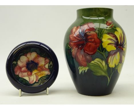 Mid 20th century Moorcroft Hibiscus pattern vase, impressed marks to base, H18cm and a Moorcroft Anemone dish with inverted r