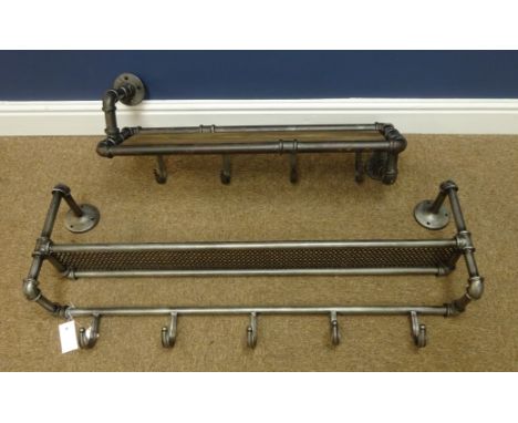 Industrial style metal tubular wall rack with coat hooks, W100cm and Metal 'heating pipe' shelf with coat hooks, W80cm, H30cm
