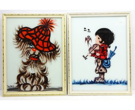 Portraits of a Dog and Child Playing a Violin, two 20th century reverse paintings on glass signed by Beccafichi 59.5cm x 44.5