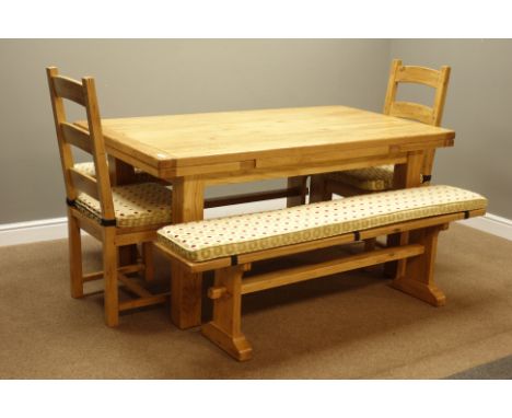 Light oak rectangular drawer leaf dining table with two benches and two chairs, L255cm, H78cm, W91cm, max (5)   Condition Rep