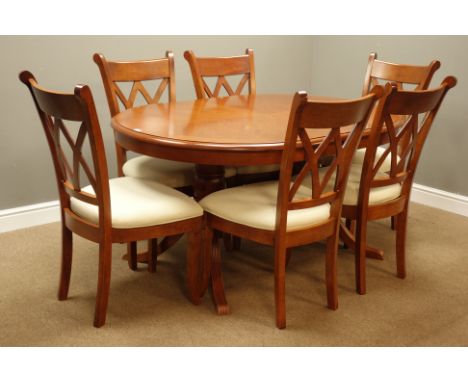 Cherry wood extending dining table on twin pillar base (151cm x 105cm, H74cm), and set six matching dining chairs with uphols