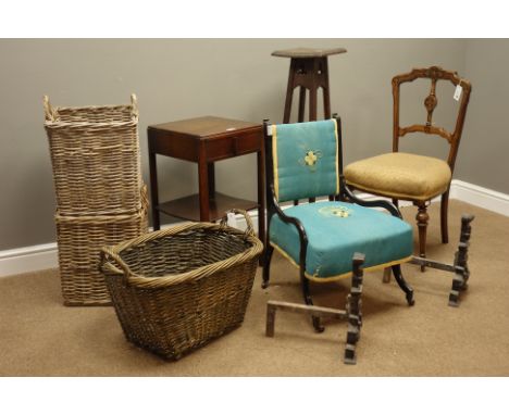 Victorian ebonised nursing chair, Edwardian inlaid chair, Art Deco period bedside lamp stand, jardiniere stand, pair wrought 