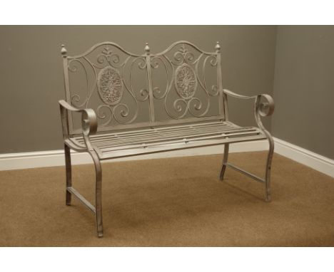 Silver finish wrought metal garden bench, W119cm   Condition Report   Click here for further images, condition, auction times