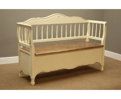 Laura Ashley rustic cream painted and mahogany bench, shaped spindle back, hinged seat, W136cm, H93cm, D47cm   Condition Repo