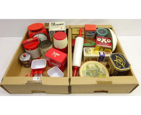 Collection of 1950's & later kitchenalia including Oxo tin, 'Nut Brown' rolling pin, kitchen scales, tea caddy, other tins et