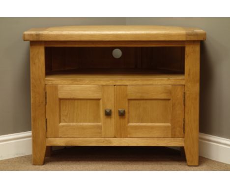 Light oak corner television stand with double cupboard, W85cm, H65cm   Condition Report   Click here for further images, cond