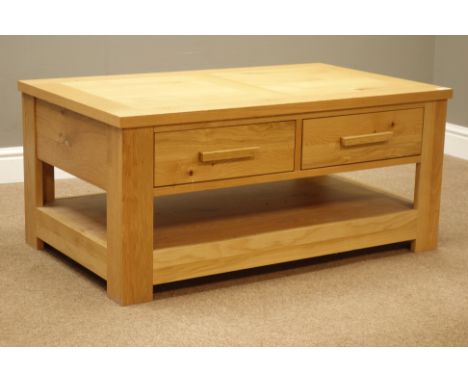 Light oak television stand with two drawers, W100cm, H45cm, D60cm   Condition Report   Click here for further images, conditi