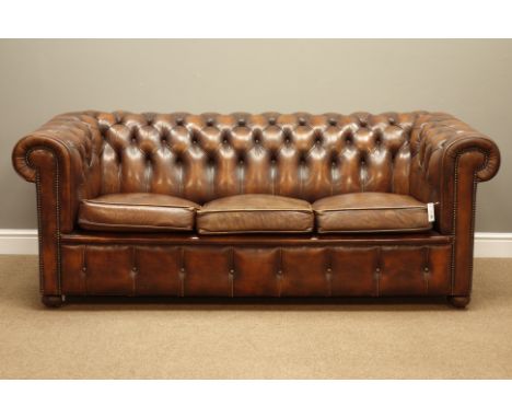 Three seat Chesterfield sofa upholstered in buttoned brown leather, W190cm, D90cm   Condition Report   Click here for further