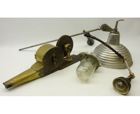 19th century brass mounted mechanical peat bellows, L60cm, vintage aluminium photography light, industrial wall mounted work 