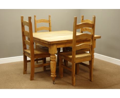 19th century rectangular pine dining table on turned supports (115cm x 107cm, H72cm), and set four pine ladder back dining ch