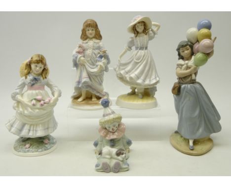 Two Lladro figures, 'Balloon Seller' No.5141, H26cm and 'Clown with Puppy' No. 5277, two Royal Worcester figures, 'Lullaby' a