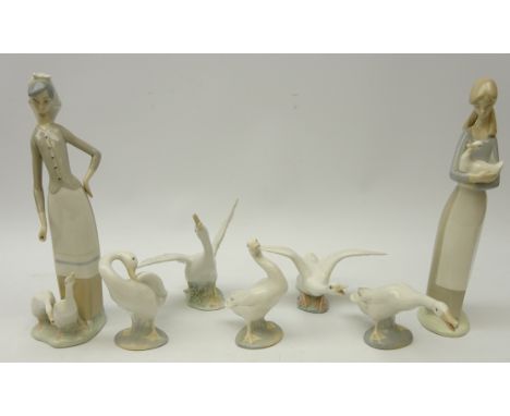 Lladro figure of a girl with geese, five Lladro geese & similar Nao models (7)   Condition Report   Click here for further im