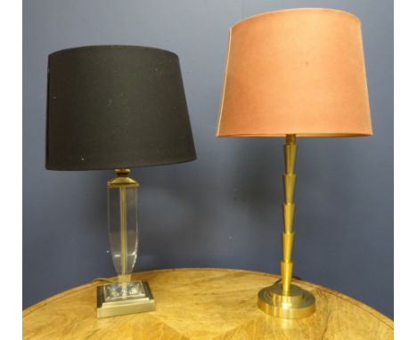 Laura Ashley brass table lamp with stepped tapered stem, H57cm, another Laura Ashley table lamp with clear glass stem and two