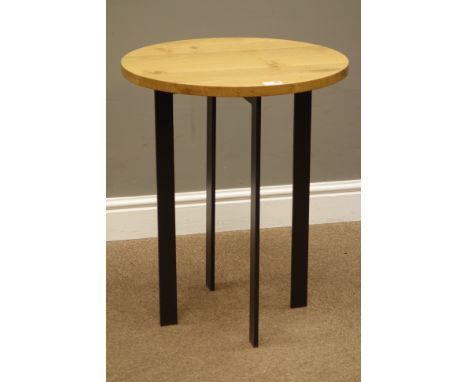 Circular light oak side/sofa table, on wrought iron supports, D50cm, H61cm   Condition Report   Click here for further images