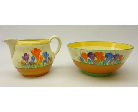 Clarice Cliff Honeyglaze 'Crocus' pattern fruit bowl, D20.5cm and jug, H12.5cm, for Wilkinson pottery (2)   Condition Report 