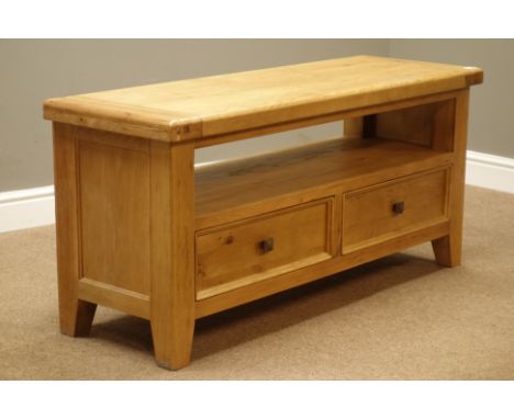 Light oak two tier stand with drawers, W121cm, H55cm, D40cm   Condition Report   Click here for further images, condition, au