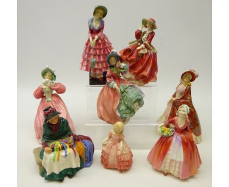 Royal Doulton figurines; 'The Paisley Shawl', 'Top o' The Hill', 'Priscilla', 'Silks and Ribbons', 'Rose' etc (8)   Condition