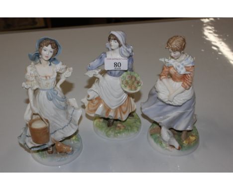 Royal Worcester "Old Country Ways" figure "Rosie Picking Apples"; another "Farmers Wife" and another "The Milk Maid" (3)