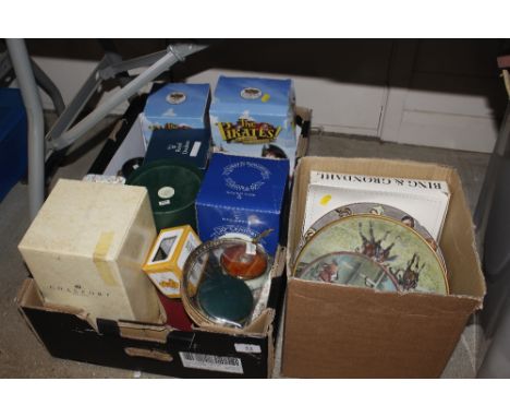 Two boxes containing various boxed ornaments to include Royal Doulton, Coalport, Royal Worcester collector's plates etc. AF