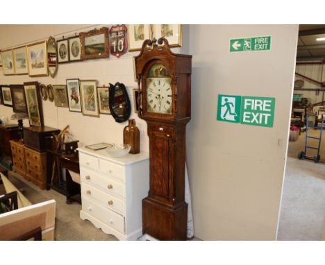 A 19th Century oak and ebony strung longcase clock, having painted dial with rural scenes, 8-day movement striking on a bell