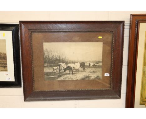 After W.F. Hulk, oak framed print depicting cattle watering 