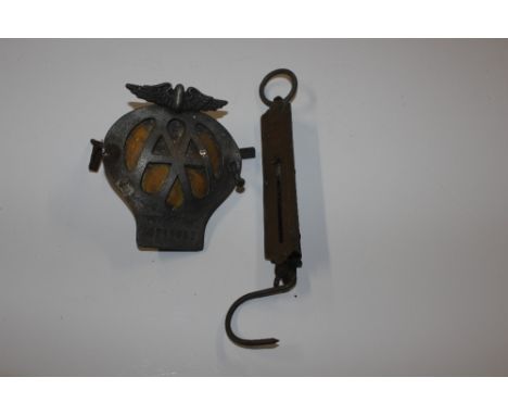 A set of Hughes pocket balance scales; and an AA badge 