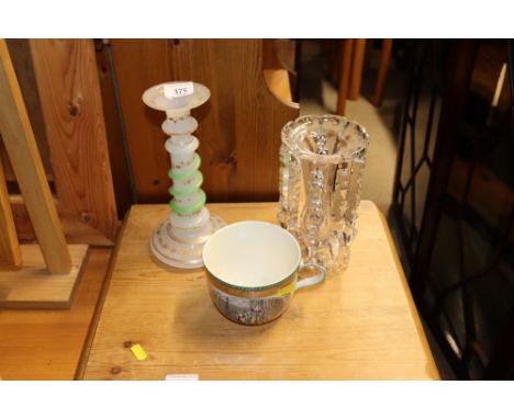 An opaque glass candlestick with heightened gilt and green glass snake decoration; a lustre and an Adams mug decorated with C