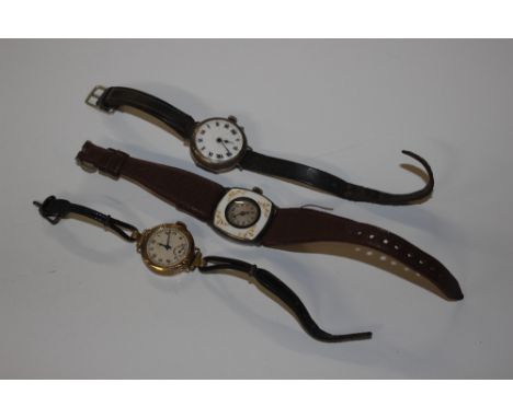 A 9ct gold cased wrist watch AF; a silver cased wrist watch and a silver and enamel wrist watch 