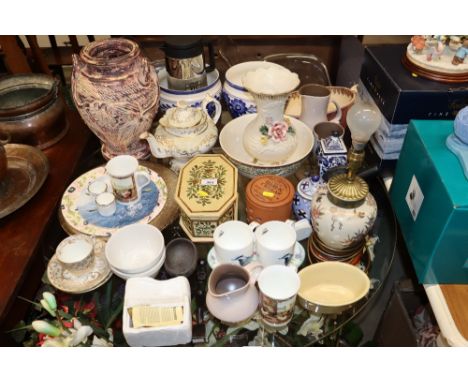 A Victorian Rockingham type teapot; two Poole pottery twin tone jugs; various mostly modern decorative china; a table lamp; T