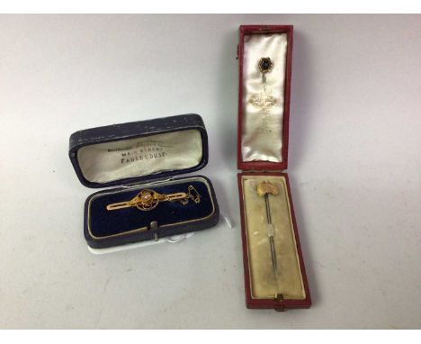 NINE CARAT GOLD DIAMOND SET BAR BROOCH, ALONG WITH TWO STICK PINS the stick pins unmarkedQty: 3