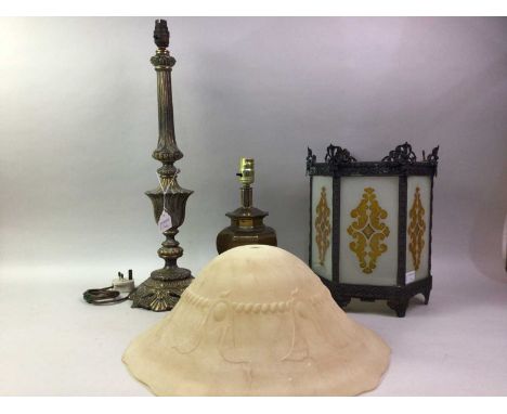 CHINESE BRASS TABLE LAMP, AND OTHER ITEMS  comprising another brass table lamp and two light shades