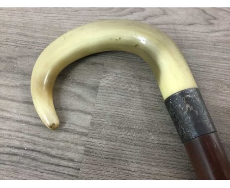 SILVER COLLARED WALKING STICK WITH BONE HANDLED, ALONG WITH OTHER STICKS including other walking sticks, another silver colla